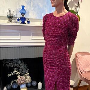 Free People Fuchsia Floral Ruched Midi Dress